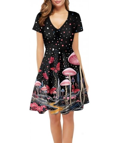 Women Casual Dress Van Gogh 3D Print V-Neck Short Sleeves A-Line Swing Midi Dresses Mushroom Butterfly Wave Point $10.63 Dresses