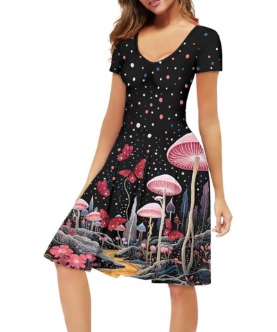 Women Casual Dress Van Gogh 3D Print V-Neck Short Sleeves A-Line Swing Midi Dresses Mushroom Butterfly Wave Point $10.63 Dresses