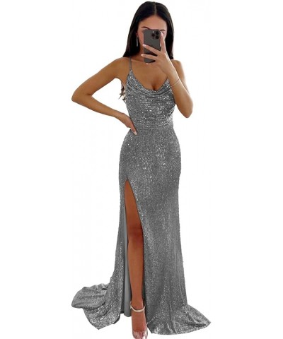 Mermaid Sequin Prom Dresses for Women Spaghetti Strap Ruched Backless Evening Party Formal Gown with Slit 2024 Grey $25.85 Dr...