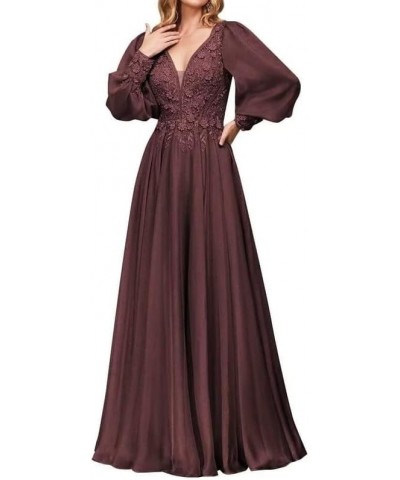 Mother of The Bride Dresses Lace Appliques V-Neck Wedding Guest Dress Chiffon Long Sleeve Formal Evening Dresses Long Burgund...