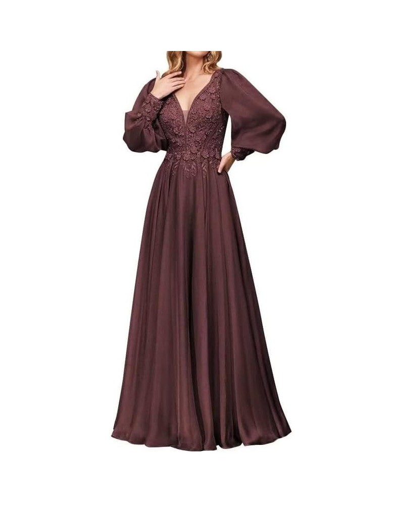 Mother of The Bride Dresses Lace Appliques V-Neck Wedding Guest Dress Chiffon Long Sleeve Formal Evening Dresses Long Burgund...