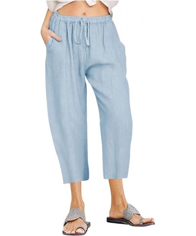 Women Cotton Linen Capris Casual Summer High Waisted Drawstring Carpi Pants Loose Comfy Cropped Trousers 04 Sky Blue $7.54 Pants