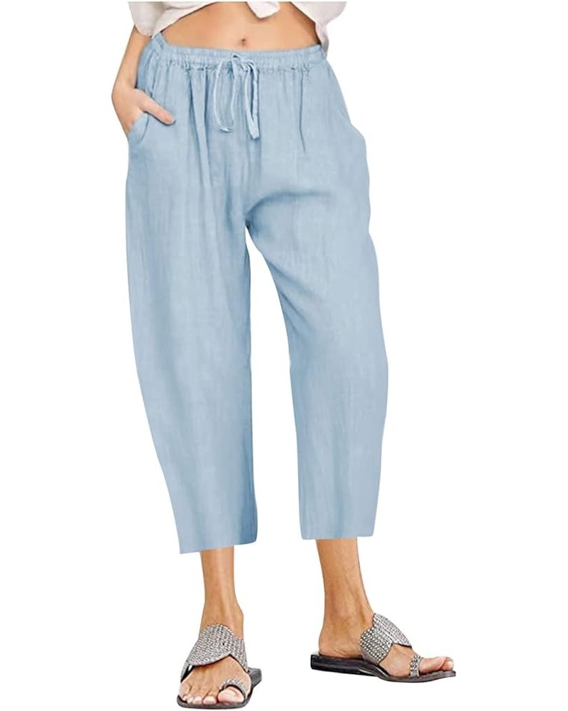 Women Cotton Linen Capris Casual Summer High Waisted Drawstring Carpi Pants Loose Comfy Cropped Trousers 04 Sky Blue $7.54 Pants