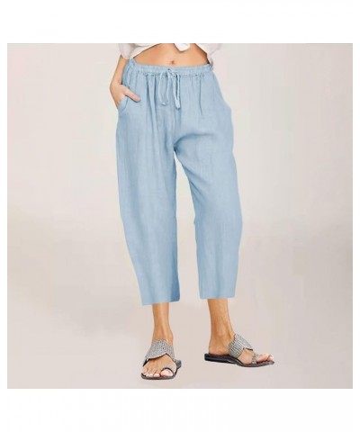 Women Cotton Linen Capris Casual Summer High Waisted Drawstring Carpi Pants Loose Comfy Cropped Trousers 04 Sky Blue $7.54 Pants