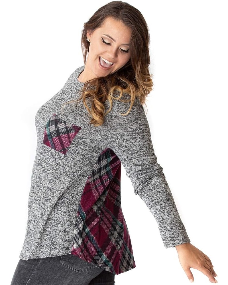 Women's Casual Knit Long Sleeve Pullover Tunic Hacci Tops Wine Red Plaid / Two Tone Grey Hacci $14.72 Tops