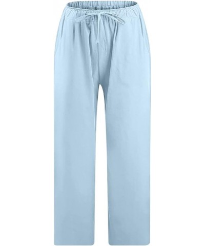 Women Cotton Linen Capris Casual Summer High Waisted Drawstring Carpi Pants Loose Comfy Cropped Trousers 04 Sky Blue $7.54 Pants