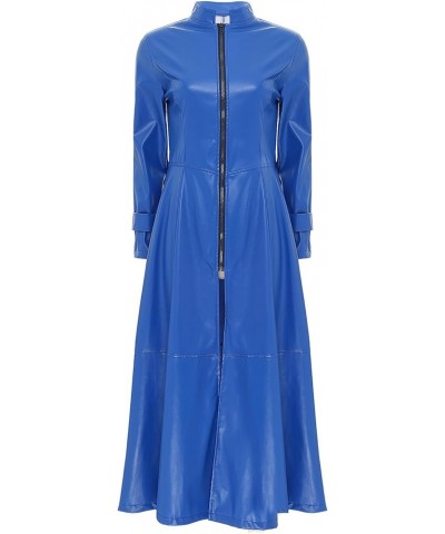 Women's Faux Leather Jacket Trench Coat Fashion Long Sleeves Full Zipper Ankle Length Dress Royal Blue $16.48 Coats