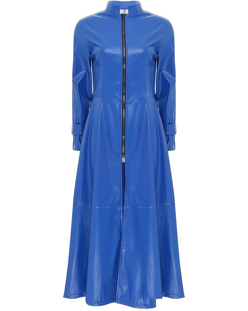 Women's Faux Leather Jacket Trench Coat Fashion Long Sleeves Full Zipper Ankle Length Dress Royal Blue $16.48 Coats