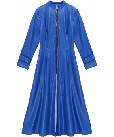 Women's Faux Leather Jacket Trench Coat Fashion Long Sleeves Full Zipper Ankle Length Dress Royal Blue $16.48 Coats