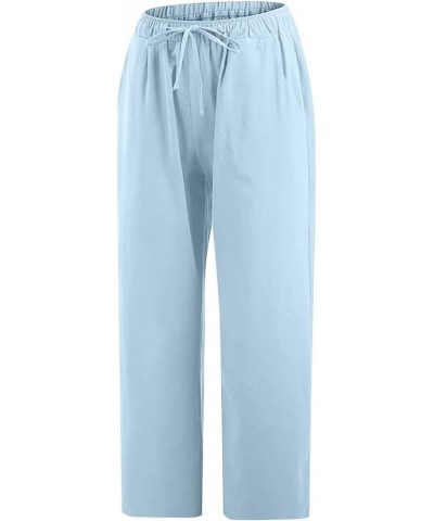 Women Cotton Linen Capris Casual Summer High Waisted Drawstring Carpi Pants Loose Comfy Cropped Trousers 04 Sky Blue $7.54 Pants