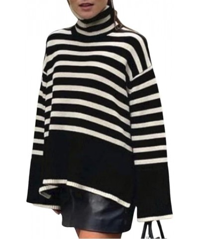 Women Striped Long Sleeve High Turtleneck Sweater Loose Fit Color Block Knitwear Elegant Fall Winter Pullover Tops A-black $1...