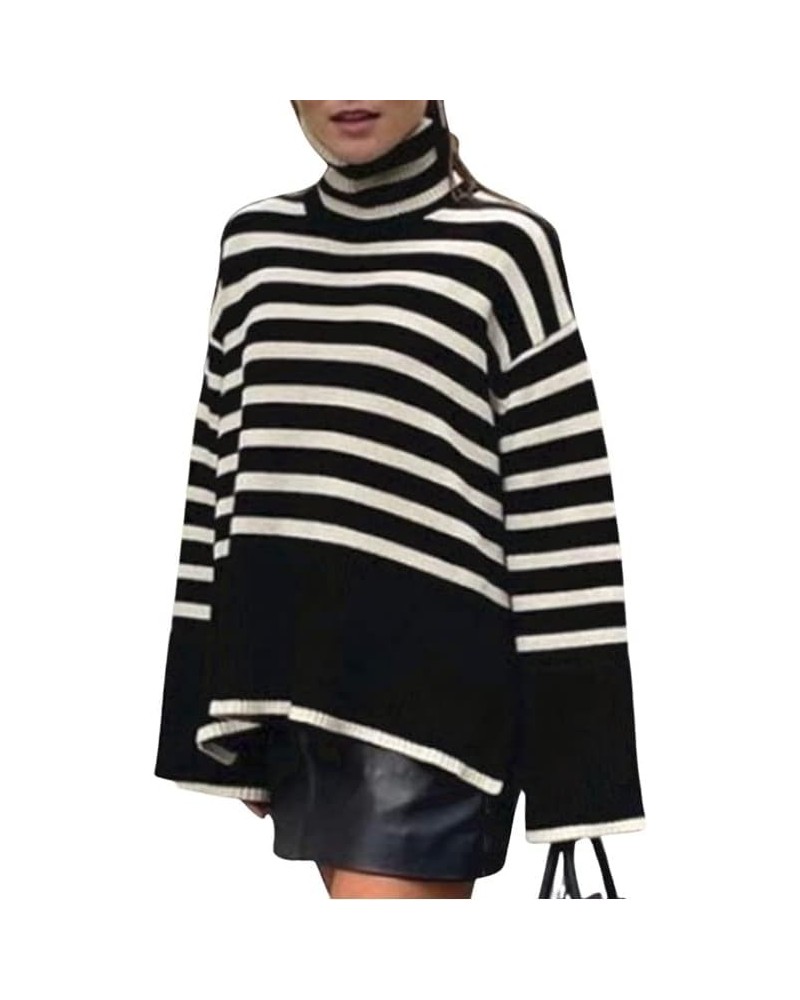 Women Striped Long Sleeve High Turtleneck Sweater Loose Fit Color Block Knitwear Elegant Fall Winter Pullover Tops A-black $1...