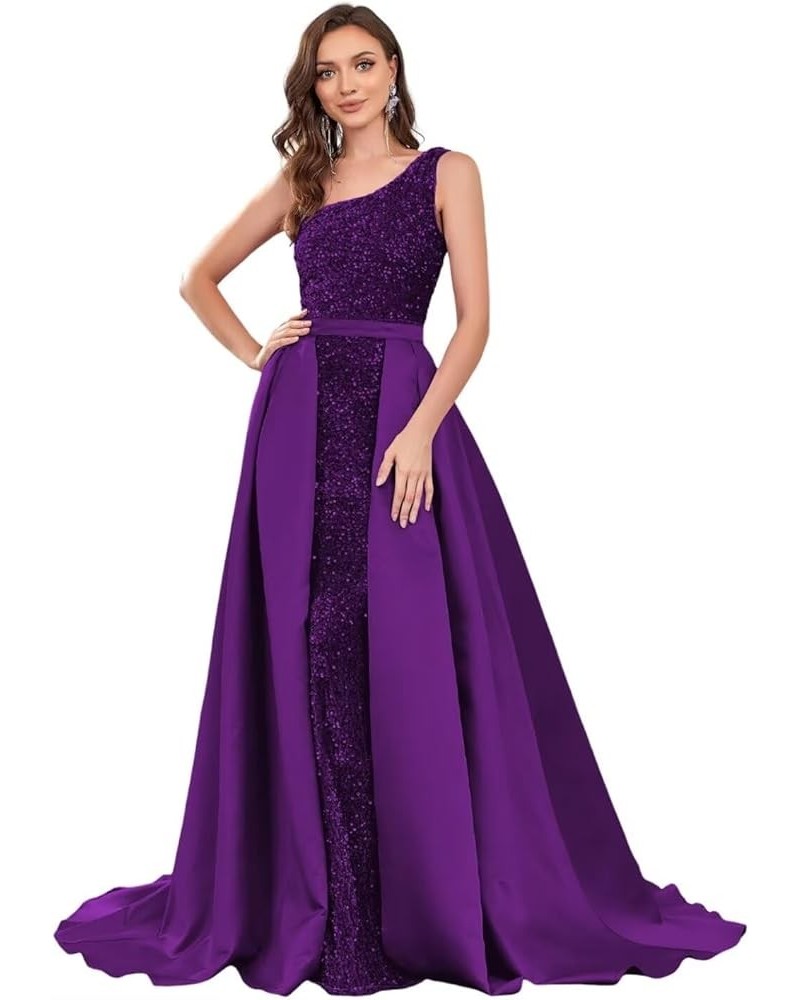 One Shoulder Sequin Prom Dress Mermaid Formal Evening Dresses with Detachable Train YMS323 Grape $40.49 Dresses