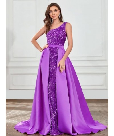 One Shoulder Sequin Prom Dress Mermaid Formal Evening Dresses with Detachable Train YMS323 Grape $40.49 Dresses