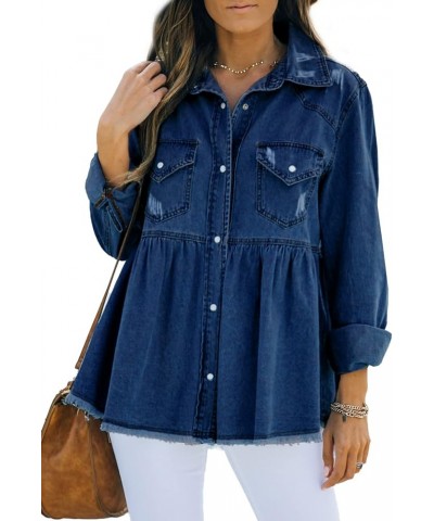 Womens Pleated Buttoned Frayed Pocket Raw Hem Long Sleeve Distressed Denim Jean Jackets A Blue $18.20 Jackets