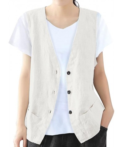 2023 Womens Cotton Linen Vest Top Fashion Casual Sleeveless Button Down Jacket Lightweight Summer Loose Vests B Beige $8.23 V...