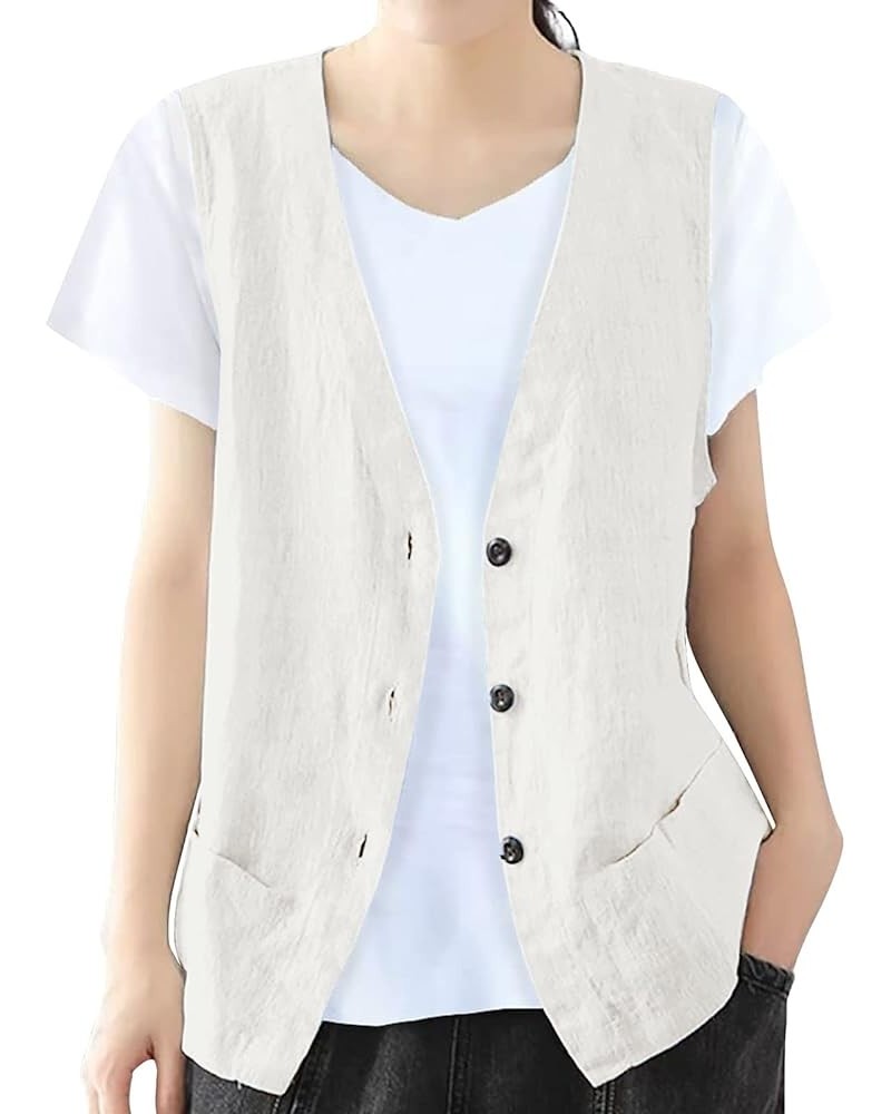 2023 Womens Cotton Linen Vest Top Fashion Casual Sleeveless Button Down Jacket Lightweight Summer Loose Vests B Beige $8.23 V...