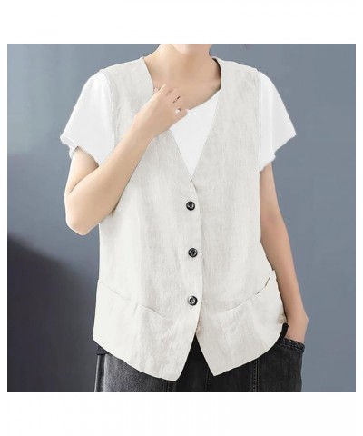 2023 Womens Cotton Linen Vest Top Fashion Casual Sleeveless Button Down Jacket Lightweight Summer Loose Vests B Beige $8.23 V...