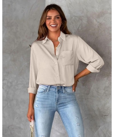 Womens Button Down Shirts with Pockets Long Sleeve Office V Neck Casual Business Blouses Tops Slim Fit Dress Shirt Light Khak...