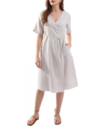 Womens Pure Linen Summer Short Sleeve Wrap Midi Dresses with Pockets Flax $25.91 Dresses