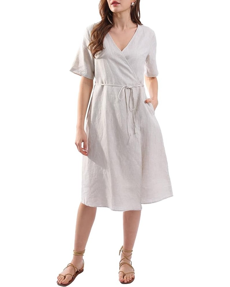 Womens Pure Linen Summer Short Sleeve Wrap Midi Dresses with Pockets Flax $25.91 Dresses