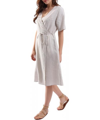 Womens Pure Linen Summer Short Sleeve Wrap Midi Dresses with Pockets Flax $25.91 Dresses