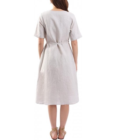 Womens Pure Linen Summer Short Sleeve Wrap Midi Dresses with Pockets Flax $25.91 Dresses