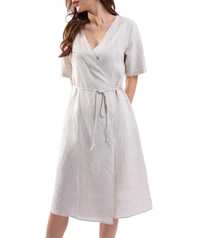 Womens Pure Linen Summer Short Sleeve Wrap Midi Dresses with Pockets Flax $25.91 Dresses