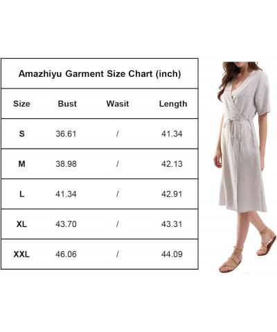 Womens Pure Linen Summer Short Sleeve Wrap Midi Dresses with Pockets Flax $25.91 Dresses