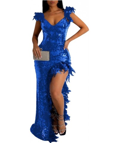 Womens Sexy Sequin Feather Prom Dresses 2024 Sleeveless Deep V Neck High Slit Ball Gown Evening Party Maxi Dress Blue $28.35 ...