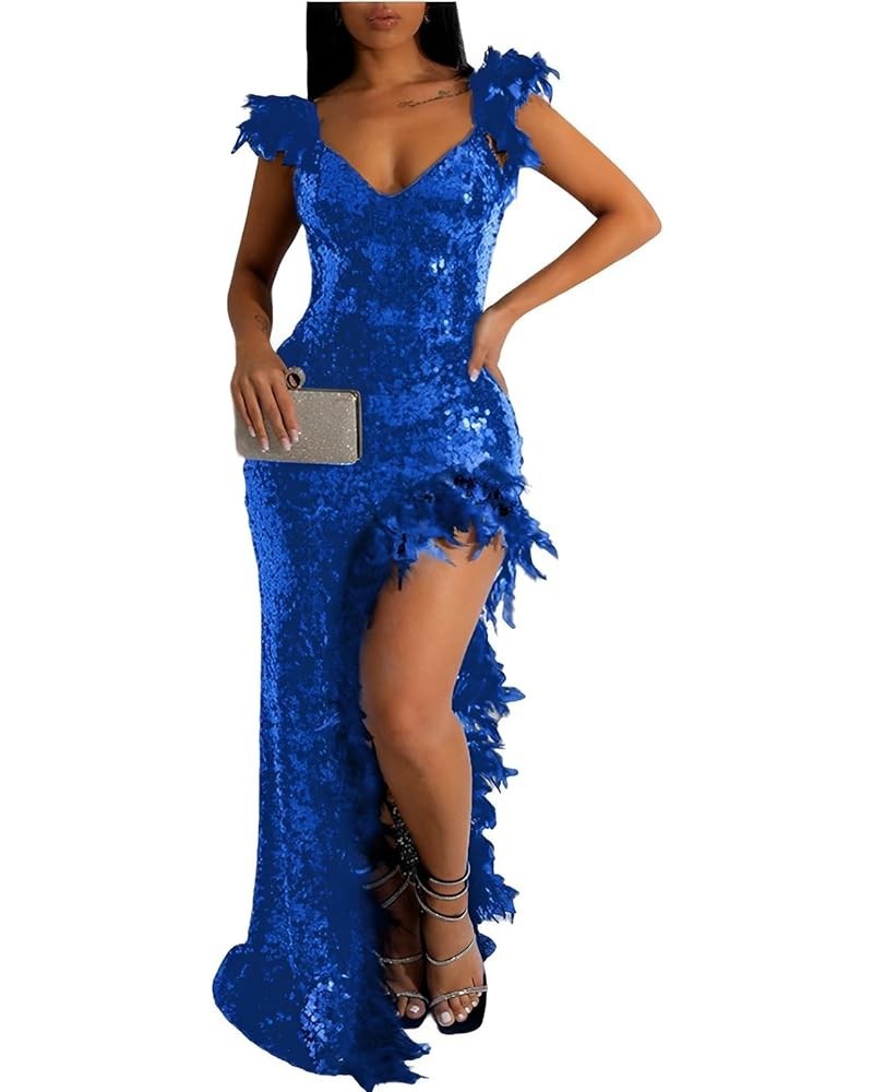 Womens Sexy Sequin Feather Prom Dresses 2024 Sleeveless Deep V Neck High Slit Ball Gown Evening Party Maxi Dress Blue $28.35 ...