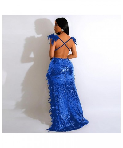 Womens Sexy Sequin Feather Prom Dresses 2024 Sleeveless Deep V Neck High Slit Ball Gown Evening Party Maxi Dress Blue $28.35 ...