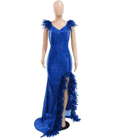 Womens Sexy Sequin Feather Prom Dresses 2024 Sleeveless Deep V Neck High Slit Ball Gown Evening Party Maxi Dress Blue $28.35 ...