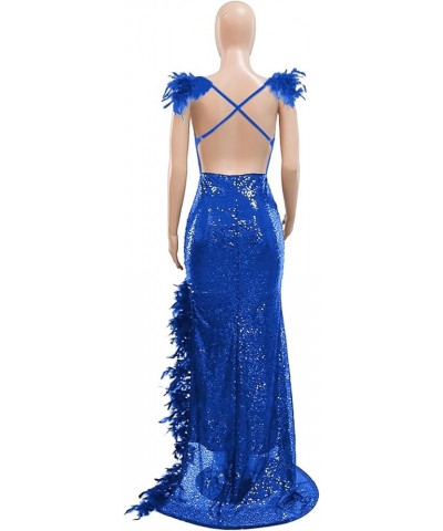 Womens Sexy Sequin Feather Prom Dresses 2024 Sleeveless Deep V Neck High Slit Ball Gown Evening Party Maxi Dress Blue $28.35 ...