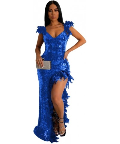 Womens Sexy Sequin Feather Prom Dresses 2024 Sleeveless Deep V Neck High Slit Ball Gown Evening Party Maxi Dress Blue $28.35 ...