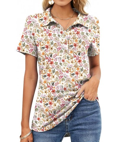 Womens Short Sleeve Polo T Shirts V Neck Business Casual Collared Button Down Tunics Office Work Tops with Pocket Floral Whit...