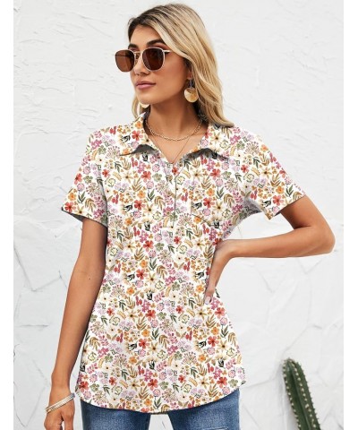 Womens Short Sleeve Polo T Shirts V Neck Business Casual Collared Button Down Tunics Office Work Tops with Pocket Floral Whit...