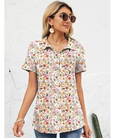 Womens Short Sleeve Polo T Shirts V Neck Business Casual Collared Button Down Tunics Office Work Tops with Pocket Floral Whit...