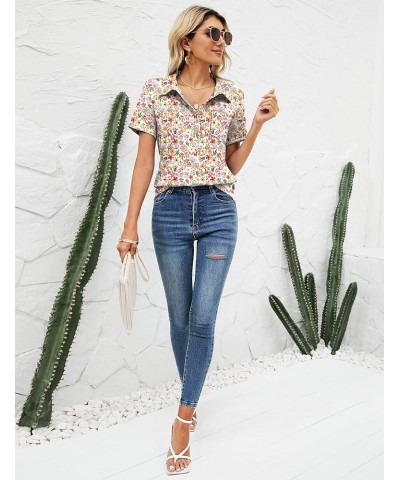 Womens Short Sleeve Polo T Shirts V Neck Business Casual Collared Button Down Tunics Office Work Tops with Pocket Floral Whit...