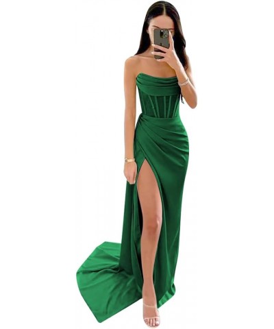 Strapless Prom Dresses Long Silk Mermaid Ruched Satin Bridesmaid Dress Corset Formal Evening Party Dress with Slit Emerald Gr...