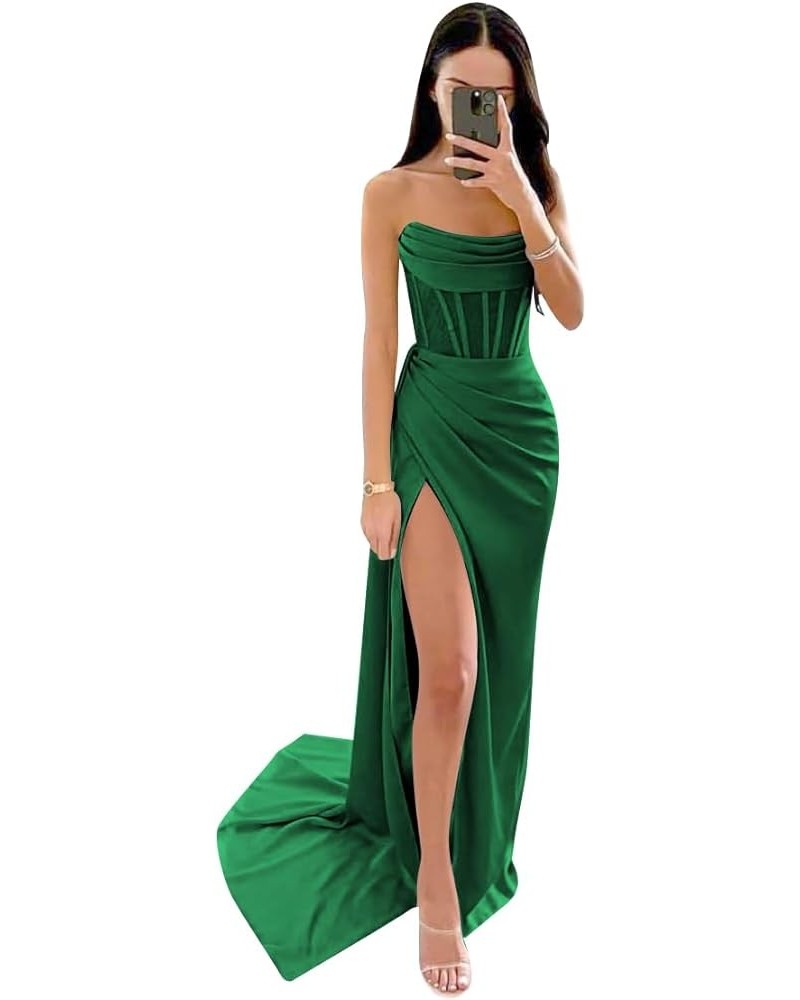 Strapless Prom Dresses Long Silk Mermaid Ruched Satin Bridesmaid Dress Corset Formal Evening Party Dress with Slit Emerald Gr...