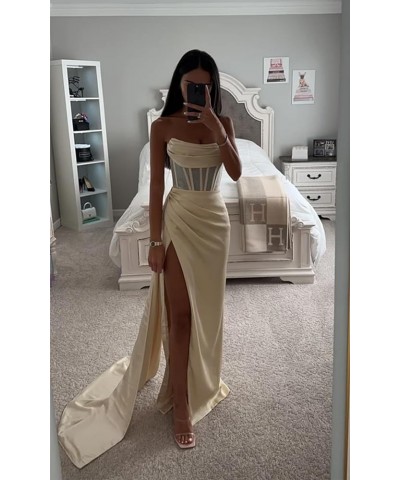 Strapless Prom Dresses Long Silk Mermaid Ruched Satin Bridesmaid Dress Corset Formal Evening Party Dress with Slit Emerald Gr...