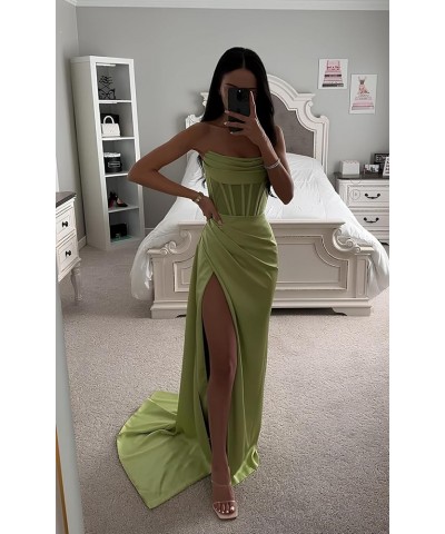 Strapless Prom Dresses Long Silk Mermaid Ruched Satin Bridesmaid Dress Corset Formal Evening Party Dress with Slit Emerald Gr...