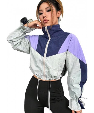 Women's Colorblock Drawstring Hem High Neck Flare Sleeve Zip Up Crop Windbreaker Jacket Multicolor $15.48 Jackets