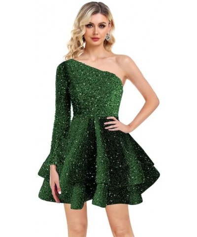 One Sleeve Short Prom Dresses Layered Sequin Formal Evening Party Dress Sparkly Homecoming Dress Emerald Green $36.34 Dresses