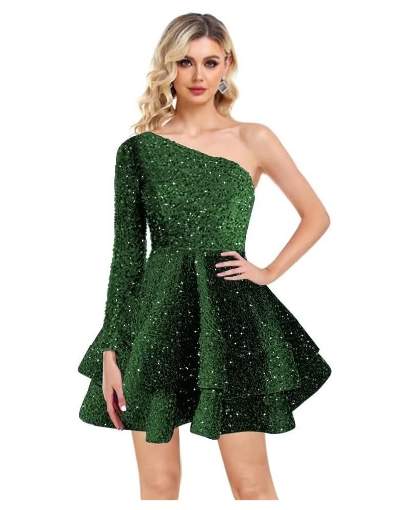 One Sleeve Short Prom Dresses Layered Sequin Formal Evening Party Dress Sparkly Homecoming Dress Emerald Green $36.34 Dresses