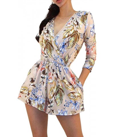 Women's USA Printed V-Neck 3/4 Sleeve Faux Wrap Waist Tie Romper Jumpsuit N48, Multi $11.97 Jumpsuits