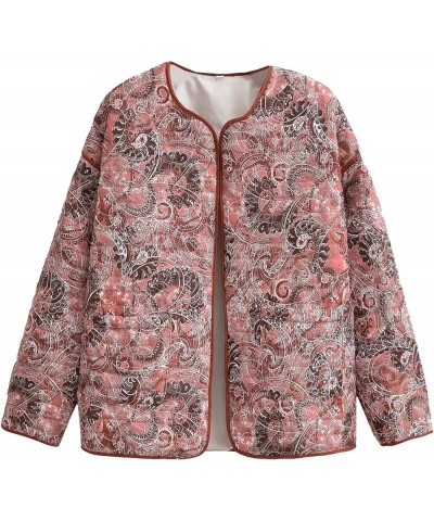 Womens Floral Print Puffer Jacket Lightweight Open Front Down Jacket Cardigan Quilted Coats Red01 $27.02 Jackets