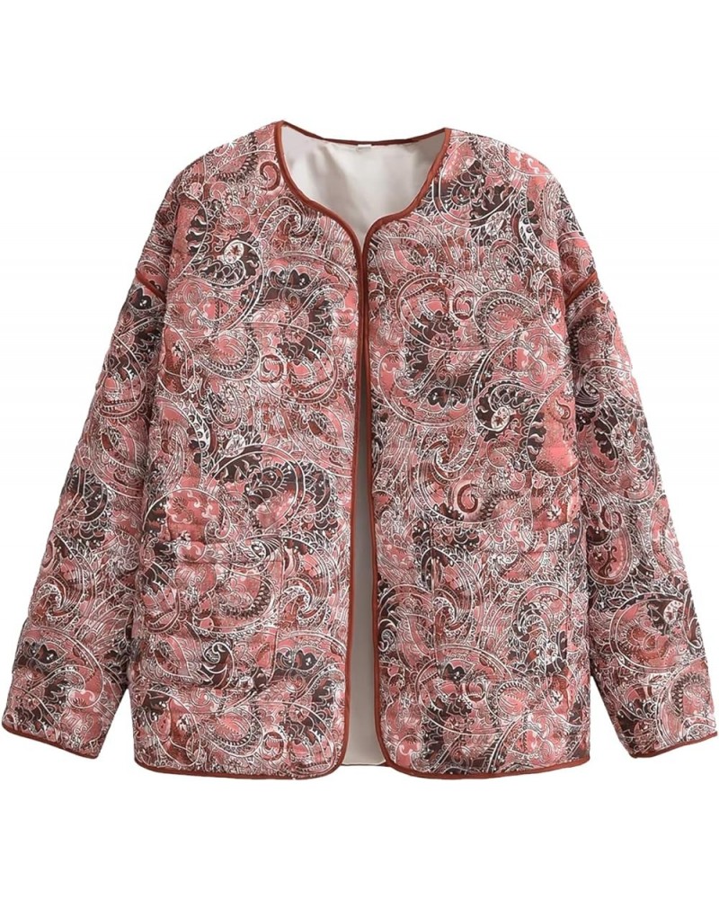 Womens Floral Print Puffer Jacket Lightweight Open Front Down Jacket Cardigan Quilted Coats Red01 $27.02 Jackets