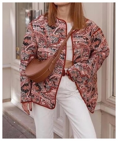 Womens Floral Print Puffer Jacket Lightweight Open Front Down Jacket Cardigan Quilted Coats Red01 $27.02 Jackets